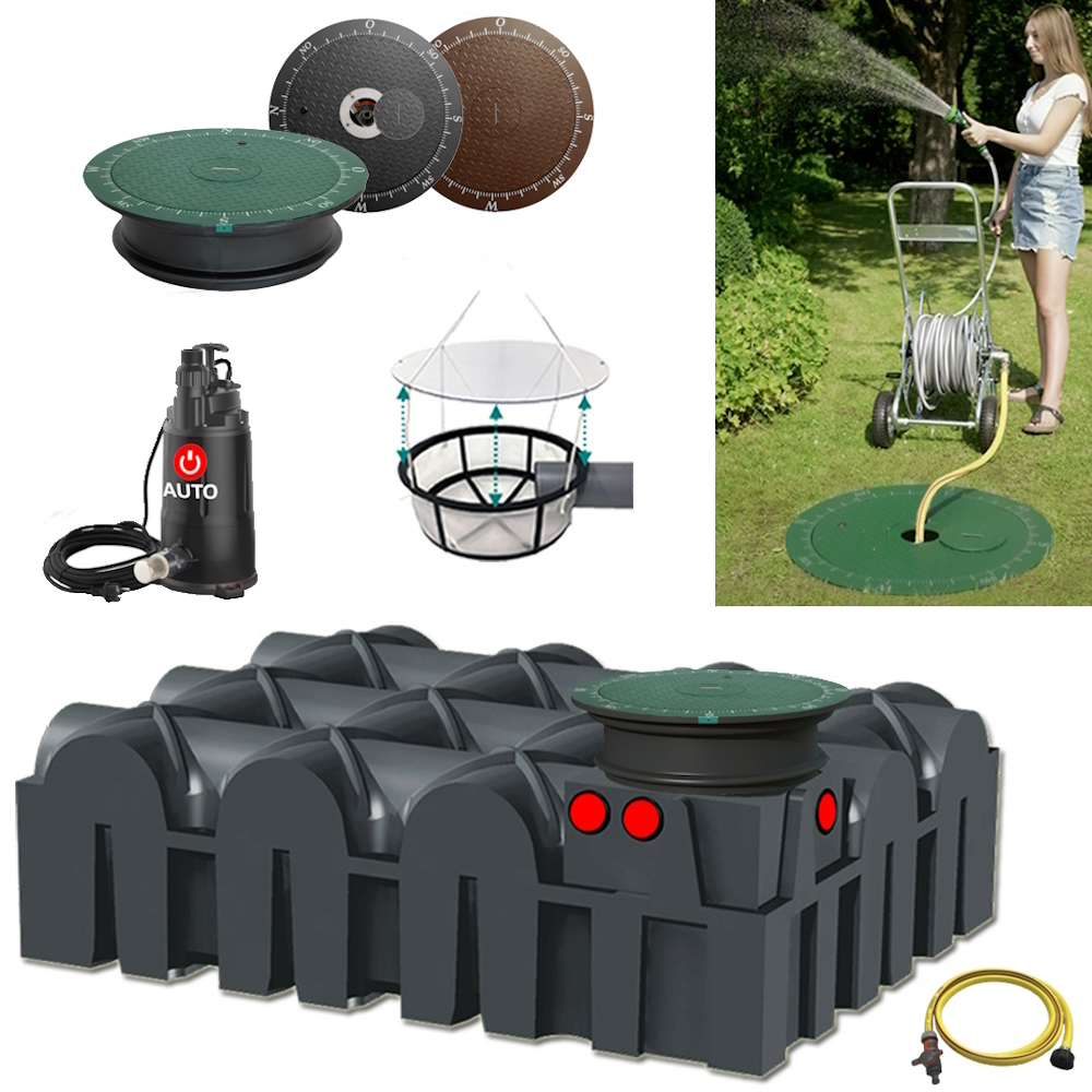 Lieferumfang mit RWT Flachtank 5000 Liter, Tauchpumpe, Schlauch, Filterkorb und Wasseranschluss im Deckel.