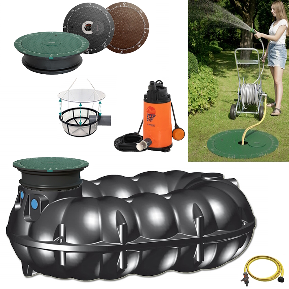 Lieferumfang mit NEO Flachtank 5000 Liter, Tauchpumpe mit Schwimmerschalter, Schlauch, Filterkorb und Wasseranschluss im Deckel.