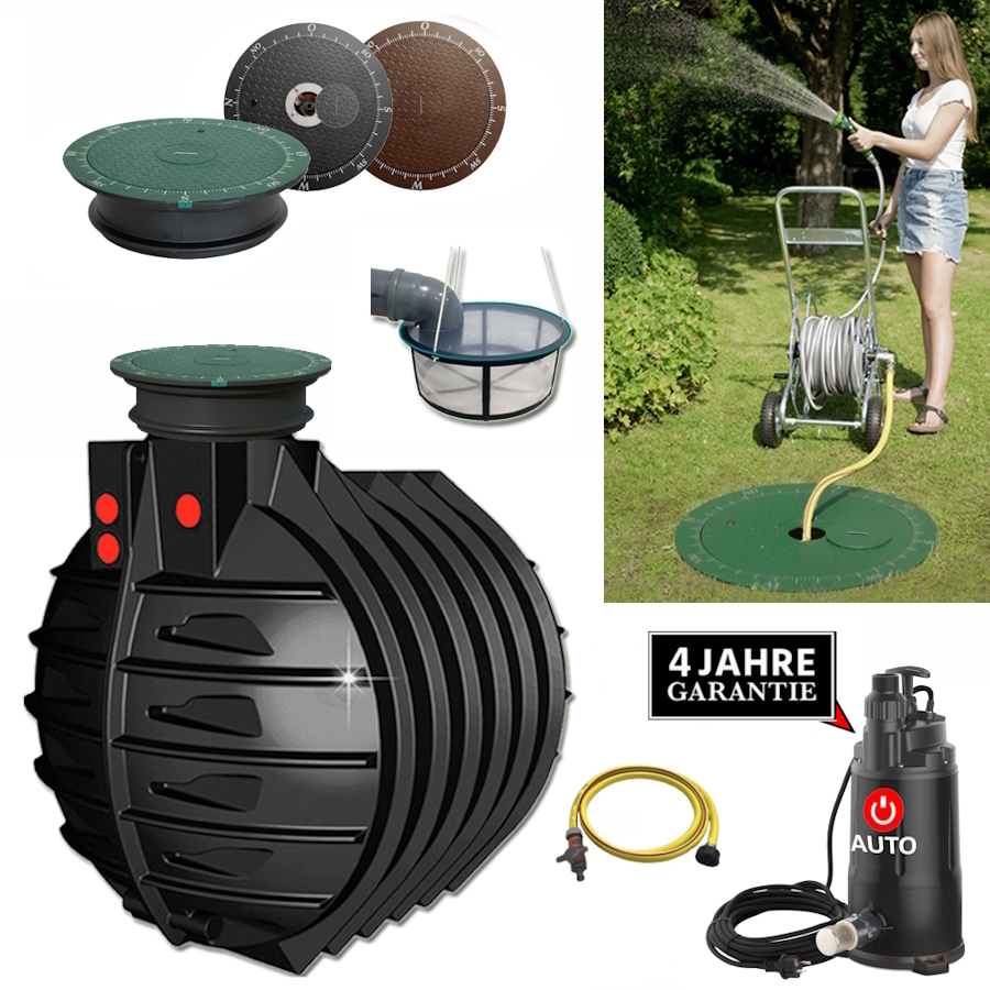 Ein schwarzer Kunststoff Tank mit Automatik Pumpe mit Deckel, Schacht, Filter und Schlauch