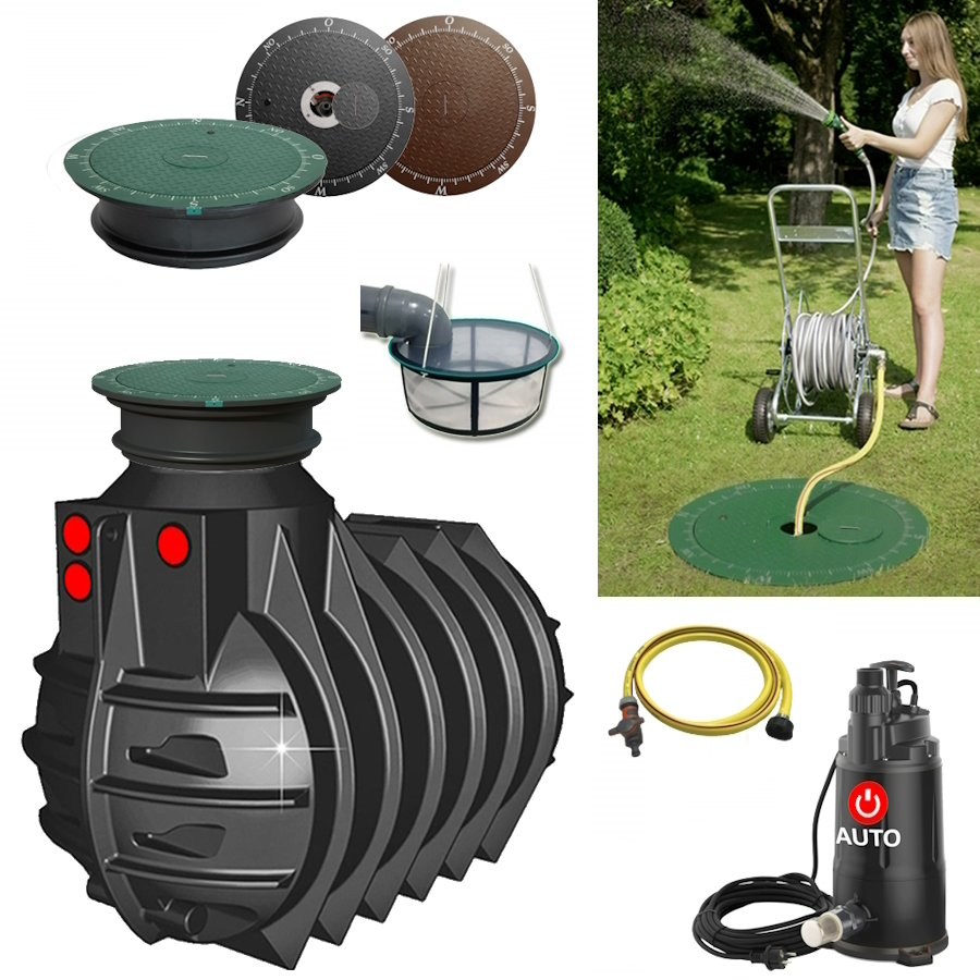 Lieferumfang mit zylindrischem Tank 3000 Liter, Tauchpumpe, Schlauch, Filterkorb und Wasseranschluss im Deckel.