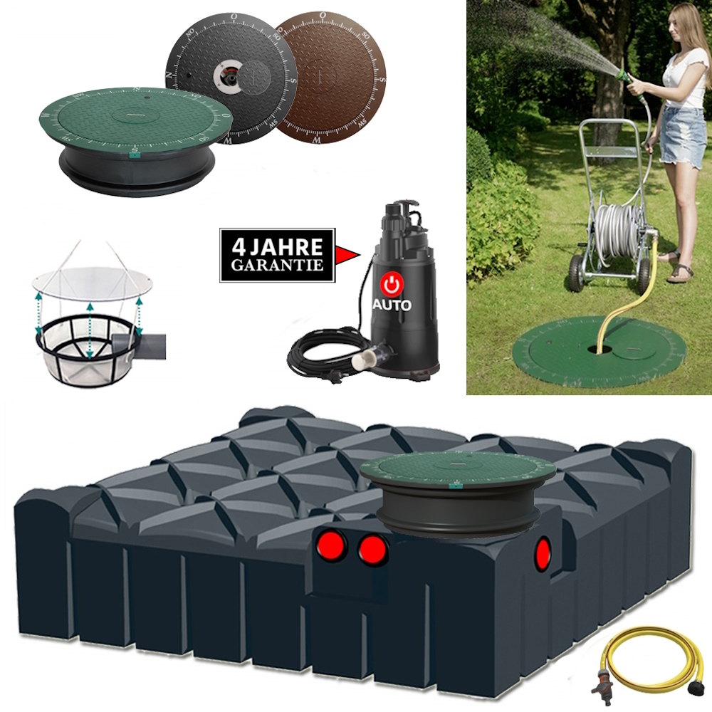 Ein flacher Kunststofftank mit Filter, Schacht, Deckel, Schlauch und automatischer Pumpe