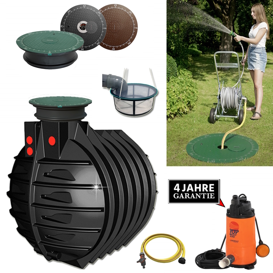 Ein schwarzer Rundtank aus Kunststoff mit Deckel, Schacht, Filter, Schlauch und manueller Pumpe