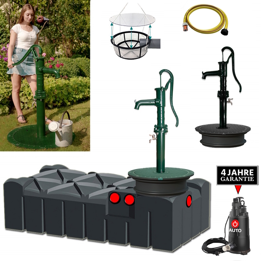 Ein flachter Kunststofftank mit Handschwengelpumpe, Schacht, Deckel, Schlauch und Filter