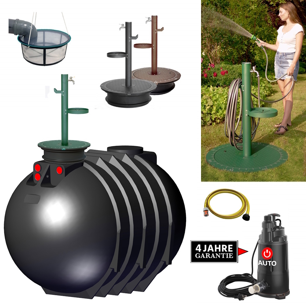 ein schwarzer runder kunststofftank mit zapfsäule, filter, schacht, deckel, schlauch und pumpe