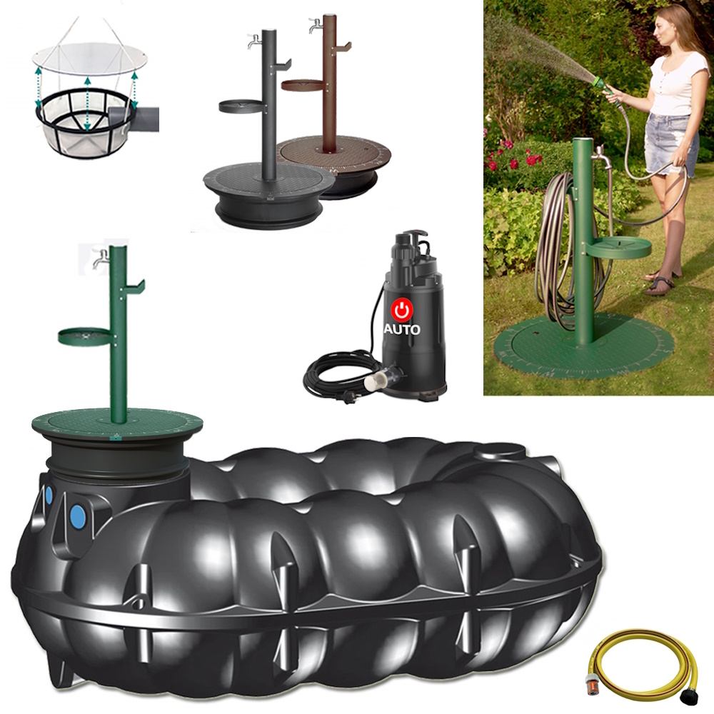 Lieferumfang mit NEO Flachtank Tank 5000 Liter, Zapfsäule in grün, anthrazit oder braun, Tauchpumpe, Schlauch und Filterkorb.