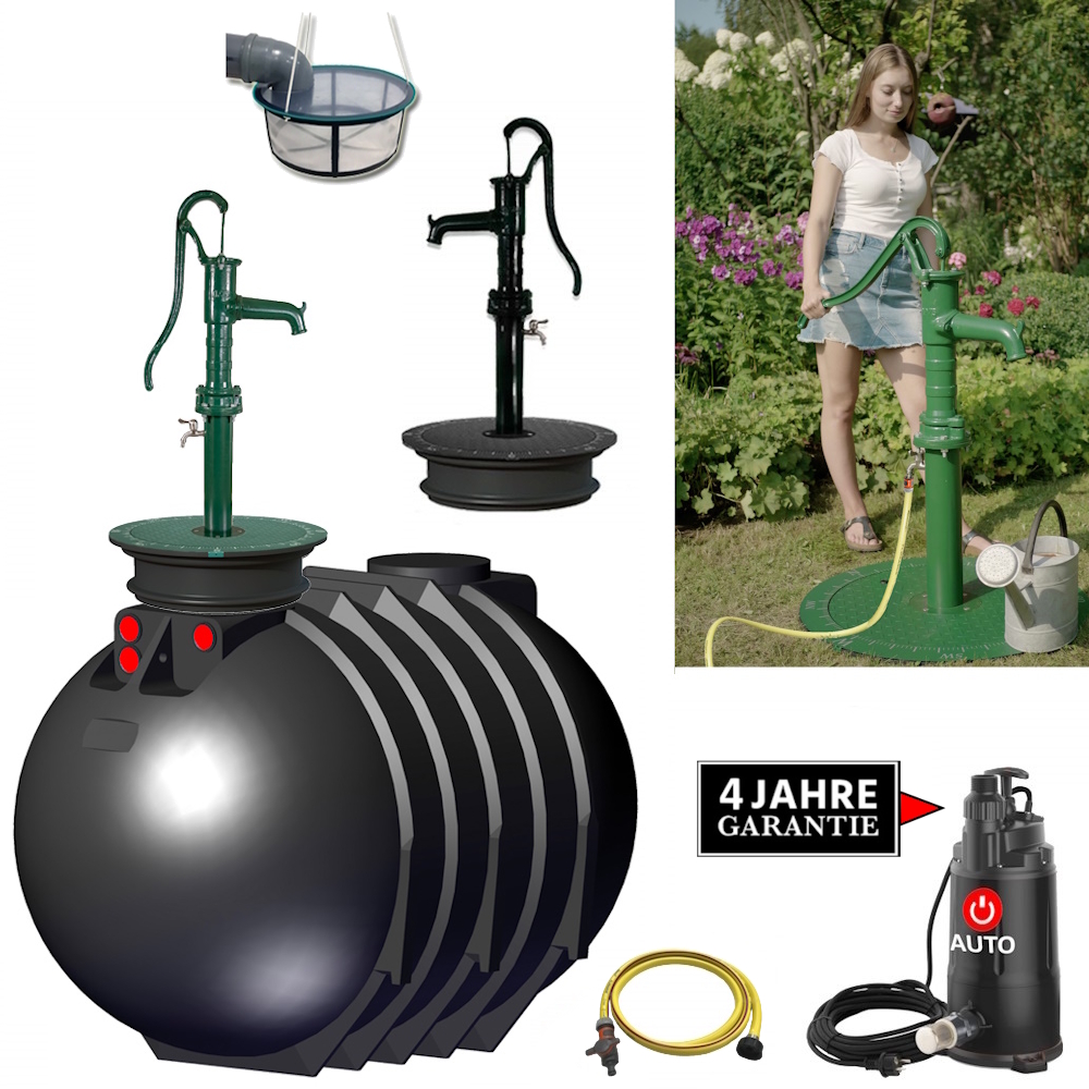 en schwarzer kunststofftank mit handschwengelpumpe in grün oder schwarz mit pumpe, filter und schlauch