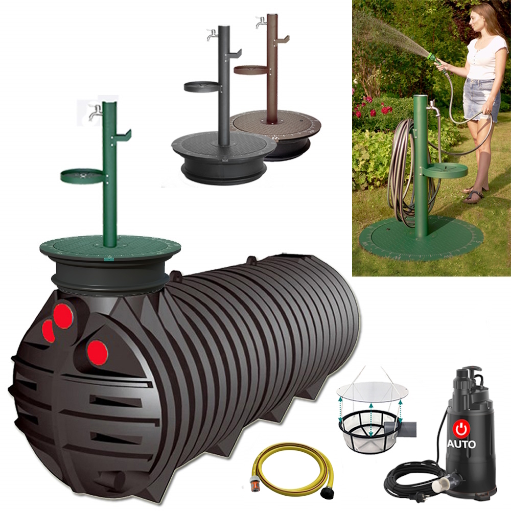 Lieferumfang mit YourTube Flachtank 3000 Liter, Zapfsäule in grün, anthrazit oder braun, Tauchpumpe, Schlauch und Filterkorb.