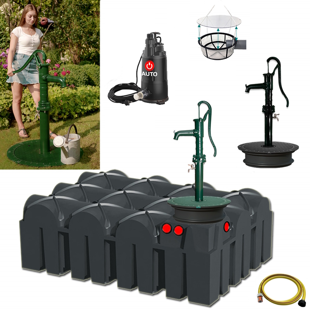 Lieferumfang mit 7500 Liter  Flachtank, Schwengelpumpe, Filterkorb, Tauchpumpe und Schlauch sowie einem Anwendungsbild der Anlage.