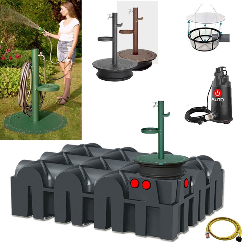 Lieferumfang mit Flachtank 5000 Liter, Zapfsäule in grün, anthrazit oder braun, Tauchpumpe, Schlauch und Filterkorb.