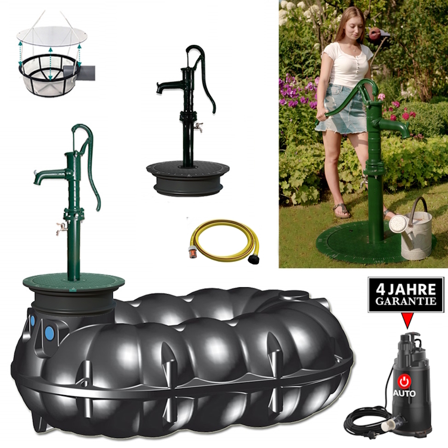Ein flacher schwarzer Kunststofftank mit automatischer Pumpe, Schacht, Deckel, Filter, Schlauch und Handschwengelpumpe