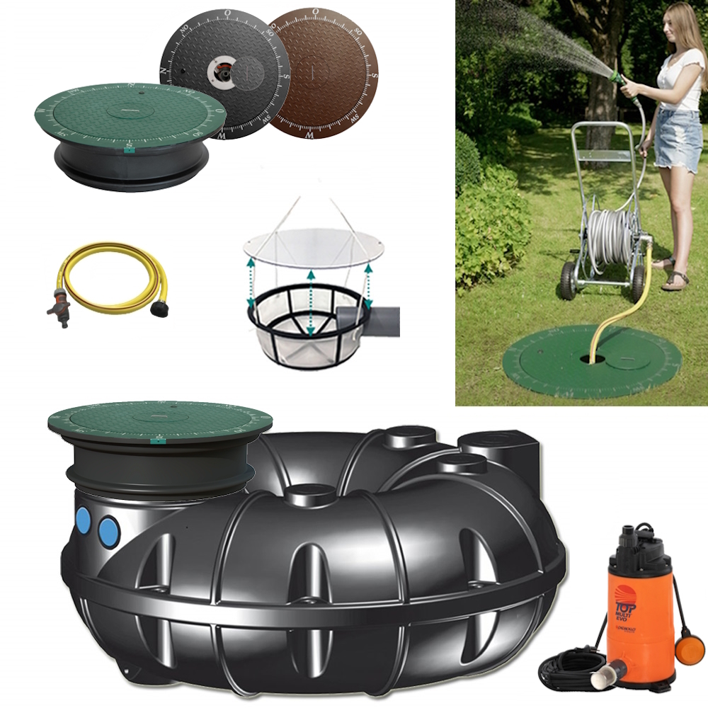 Lieferumfang mit NEO Flachtank 1500 Liter, Tauchpumpe mit Schwimmerschalter, Schlauch, Filterkorb und Wasseranschluss im Deckel.