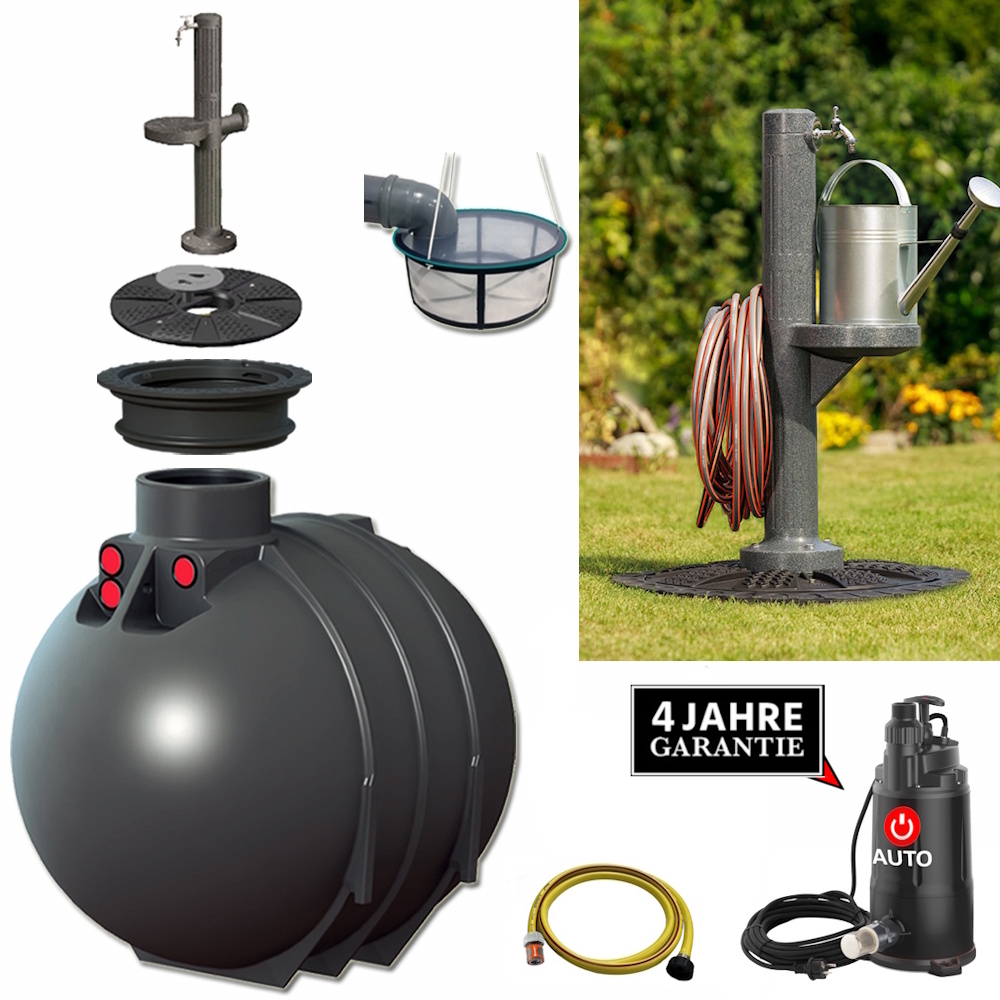 Ein Rundtank aus Kunststoff mit DEckel, Schacht. Filter, Schlauch, Pumpe und Zapfsäule