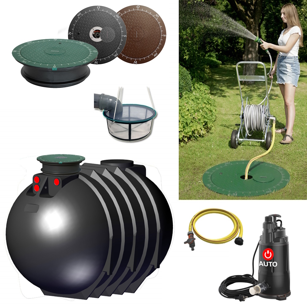 Lieferumfang mit zylindrischem Tank 10000 Liter, Tauchpumpe, Schlauch, Filterkorb und Wasseranschluss im Deckel.