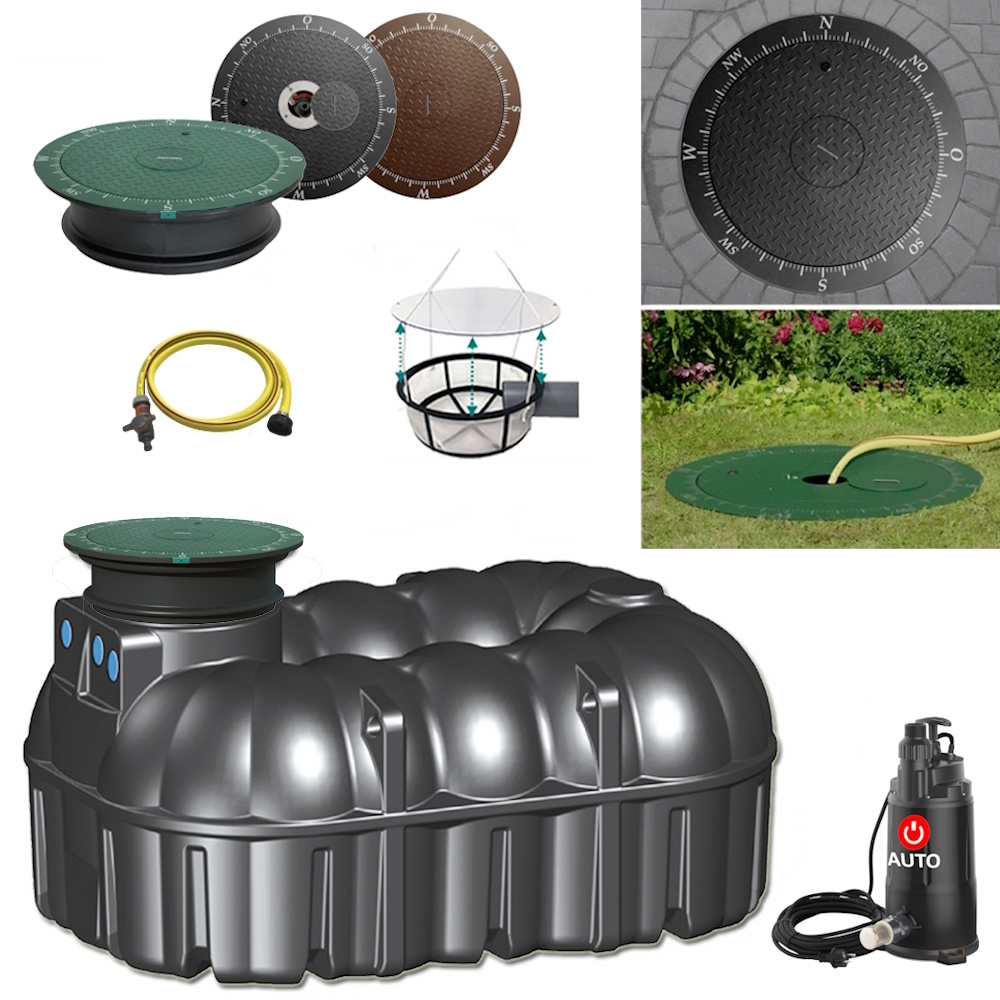 Lieferumfang mit NEO Flachtank 7100 Liter, Tauchpumpe, Schlauch, Filterkorb und Wasseranschluss im Deckel.