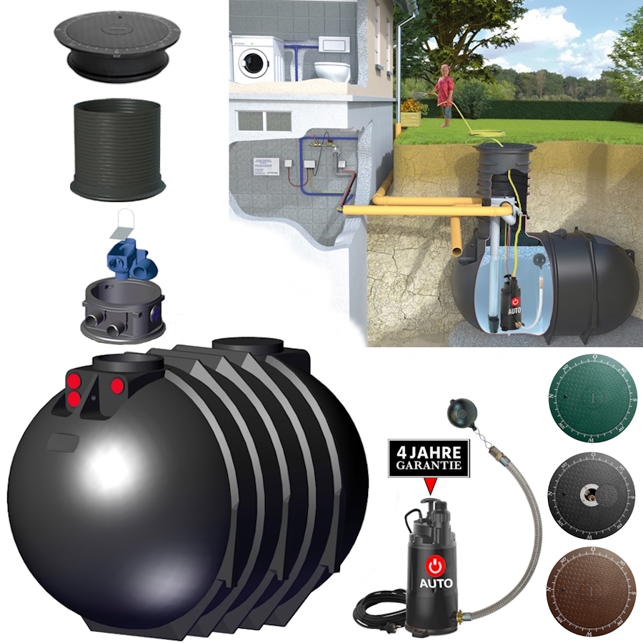 ein runder schwarzer kunststofftank mit deckel, schacht, filterschacht und pumpe