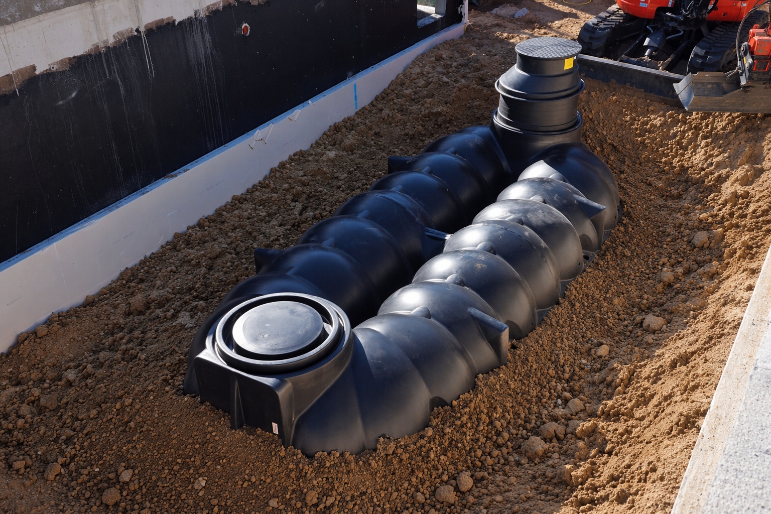 Einbau und Verfüllung einer Titan-Line Flachtank Zisterne 10000 Liter mit Erdaushub