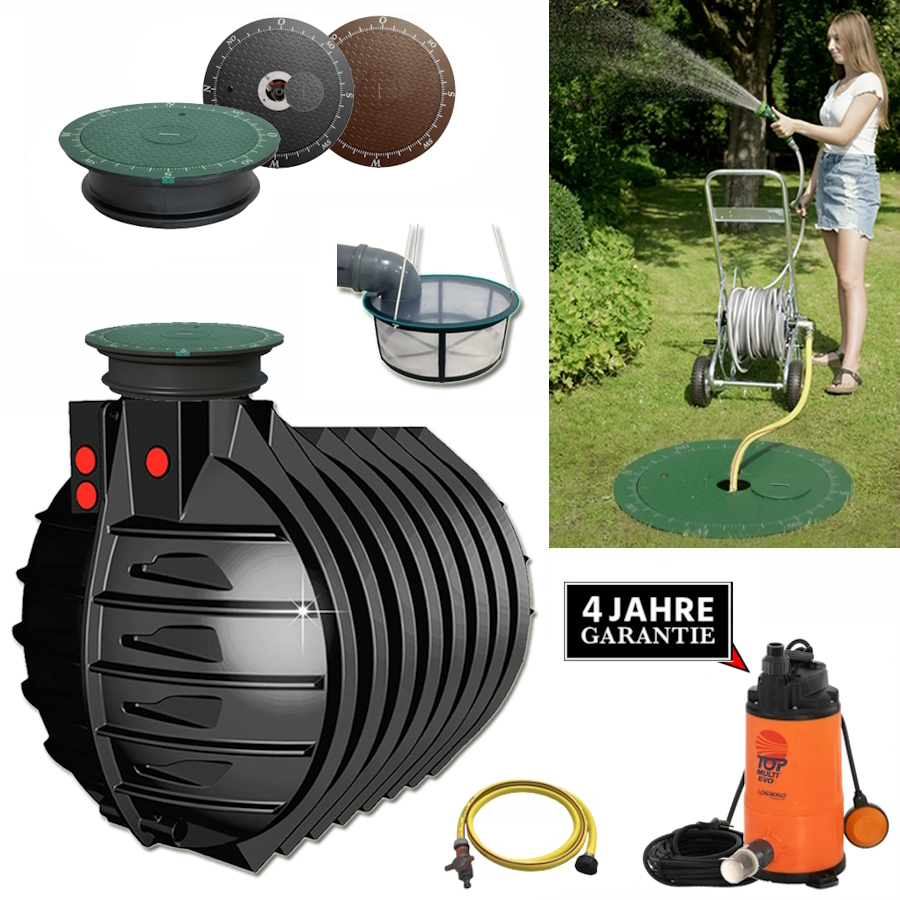 Ein schwarzer Kunststofftank mit 7500L Volumen mit Schacht, Deckel, Filter, Schlauch und manueller Pumpe 