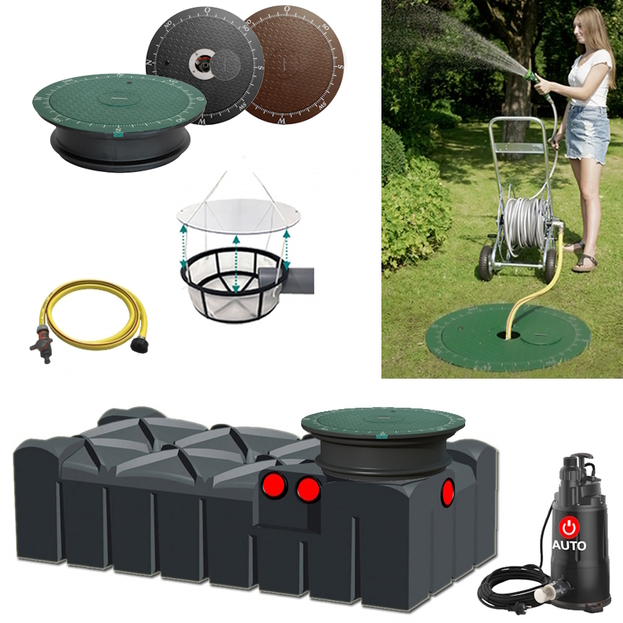 Lieferumfang mit RWT Flachtank 1500 Liter, Tauchpumpe, Schlauch, Filterkorb und Wasseranschluss im Deckel.