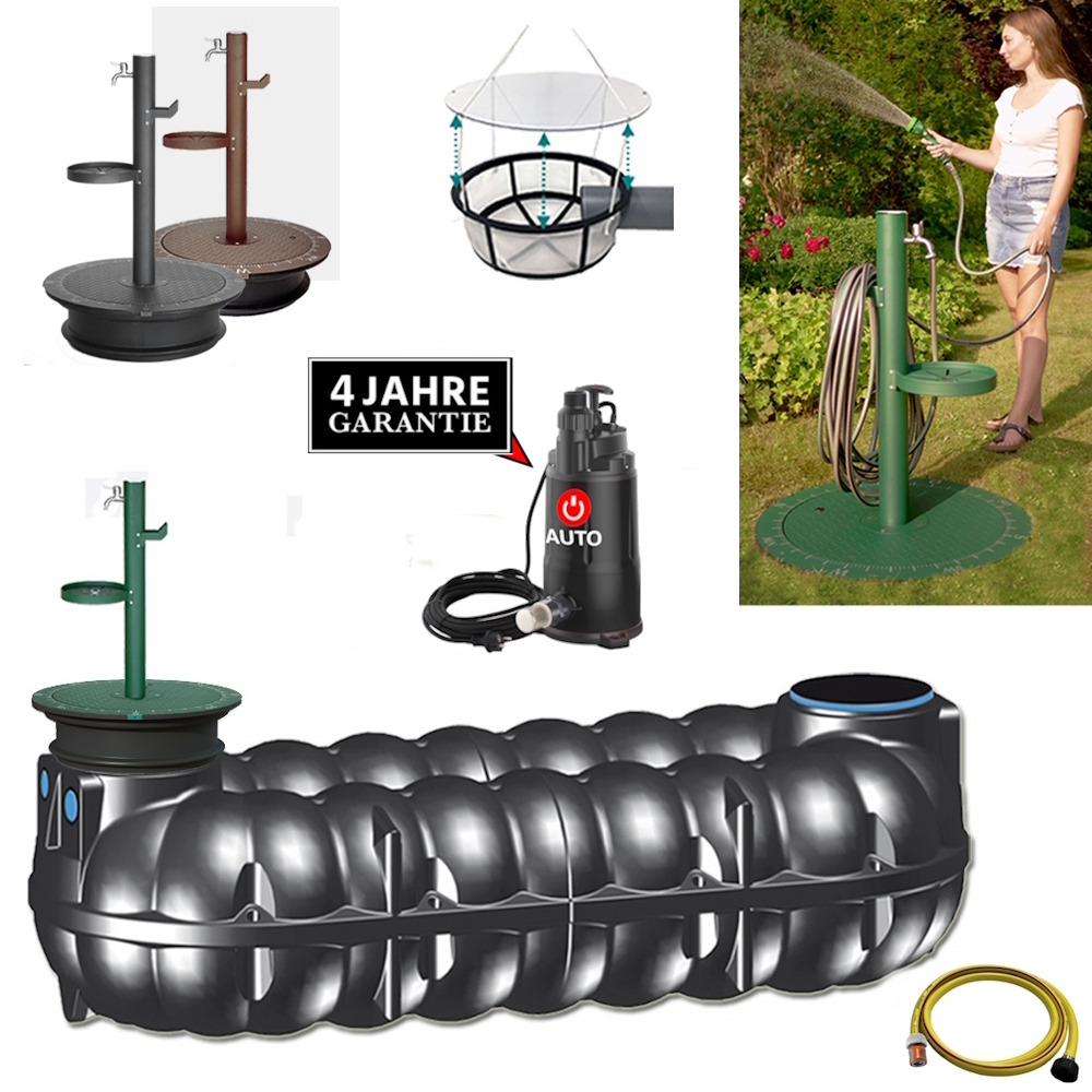 Ein flacher 10000 Liter Tank mit Schacht, Deckel, Schlauch, Filter, automatischer Pumpe und Stahl Zapfsäule