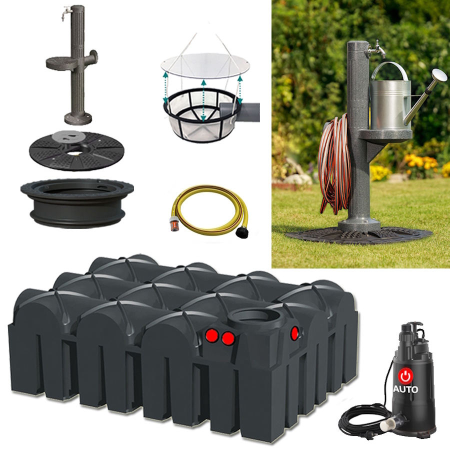 Lieferumfang mit Flachtank 7500 Liter, Tauchpumpe, Schlauch, Filterkorb und auf dem Tankdeckel montierte Kunststoff-Zapfsäule.