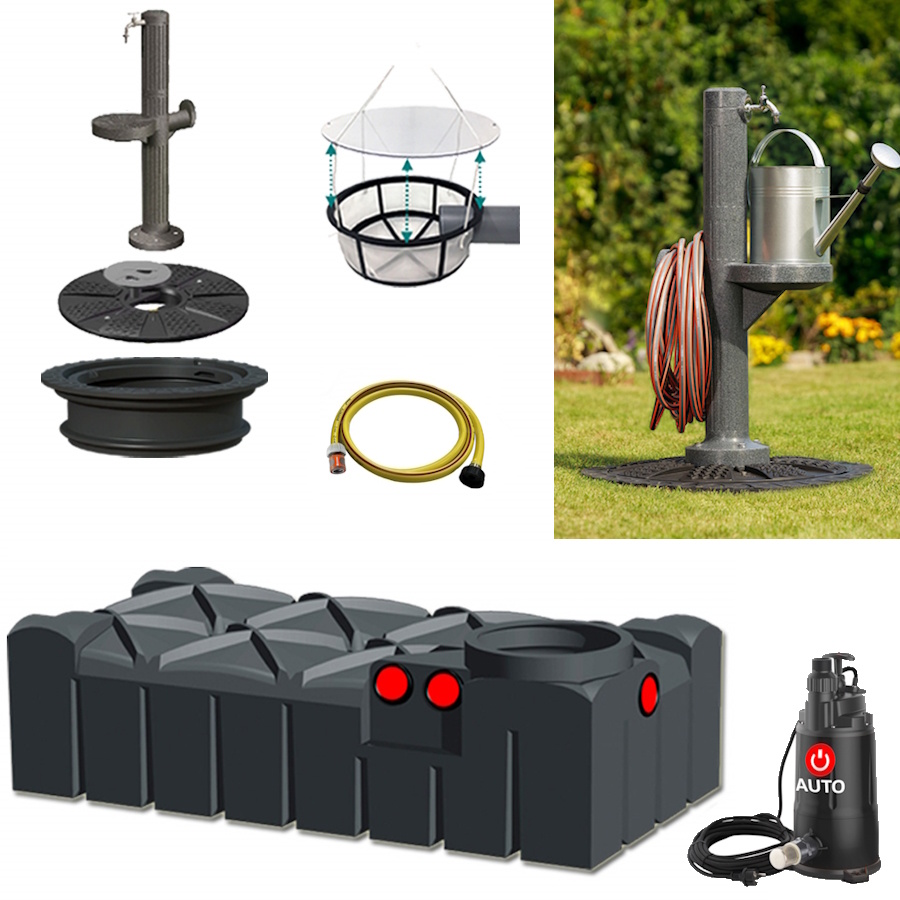 Lieferumfang mit Flachtank 1500 Liter, Tauchpumpe, Schlauch, Filterkorb und auf dem Tankdeckel montierte Kunststoff-Zapfsäule.