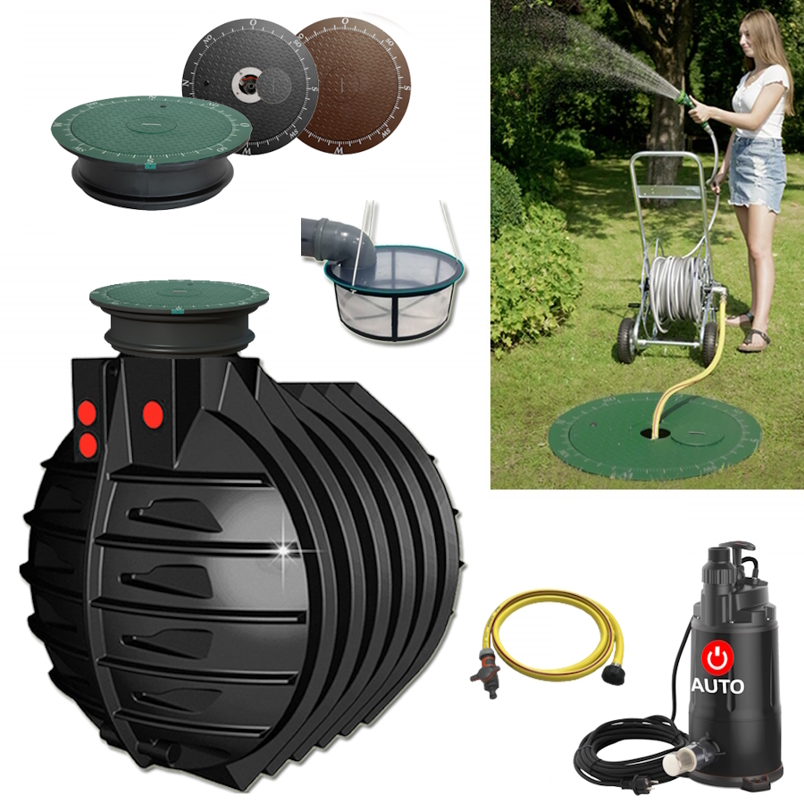 Lieferumfang mit zylindrischem Tank 6000 Liter, Tauchpumpe, Schlauch, Filterkorb und Wasseranschluss im Deckel.