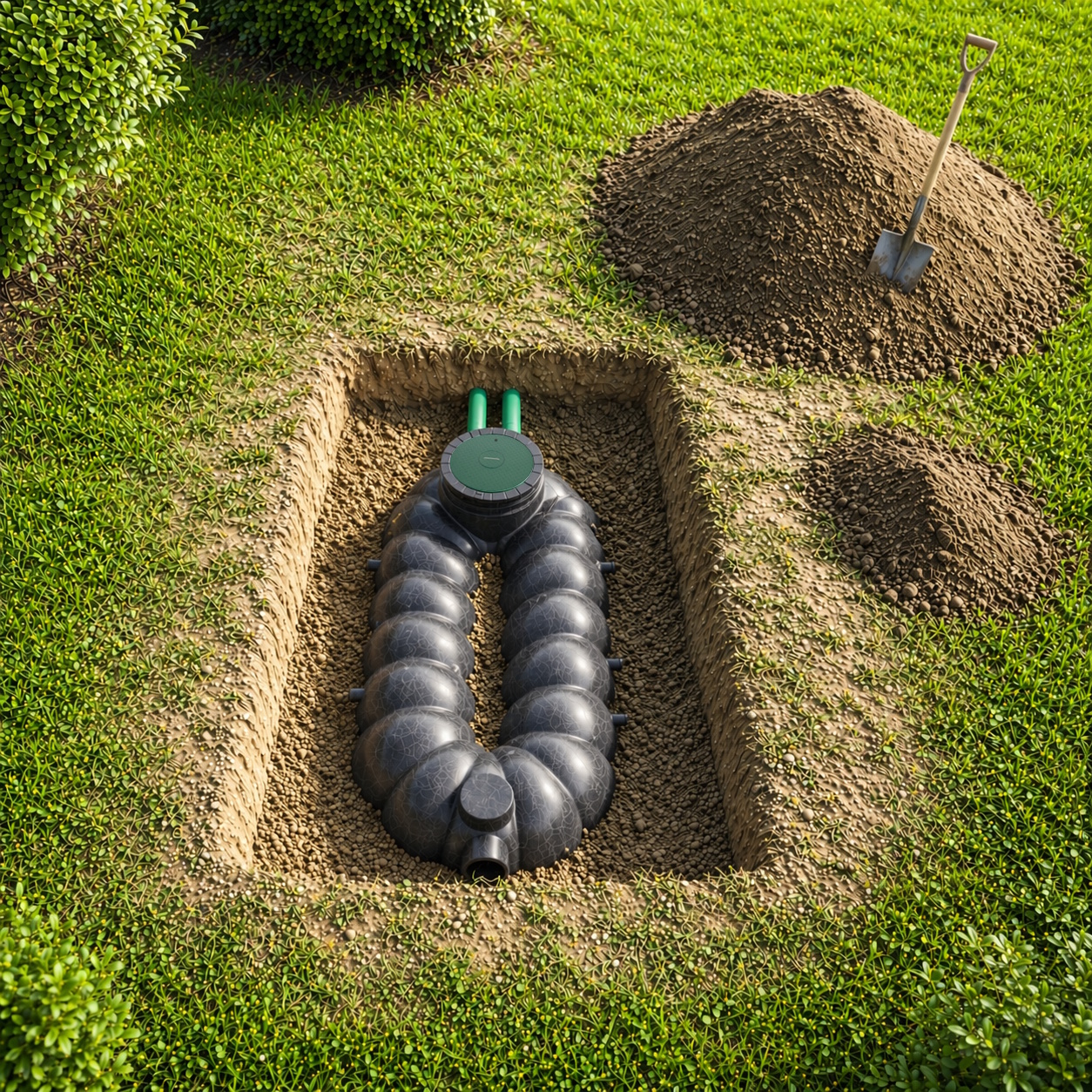 Einbau und Verfüllung einer Titan-Line Flachtank Zisterne 5000 Liter mit Erdaushub