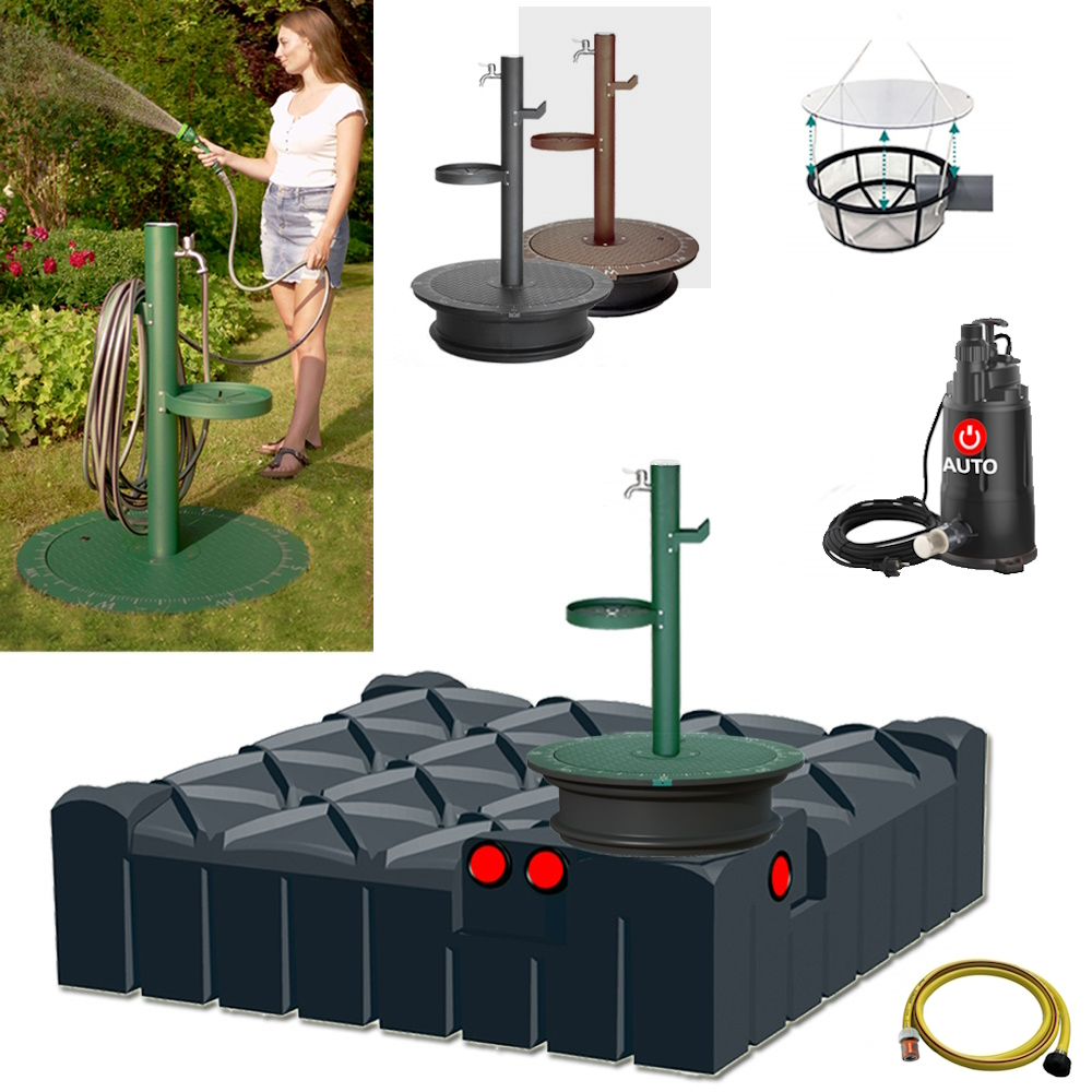 Lieferumfang mit Flachtank 3000 Liter, Zapfsäule in grün, anthrazit oder braun, Tauchpumpe, Schlauch und Filterkorb.