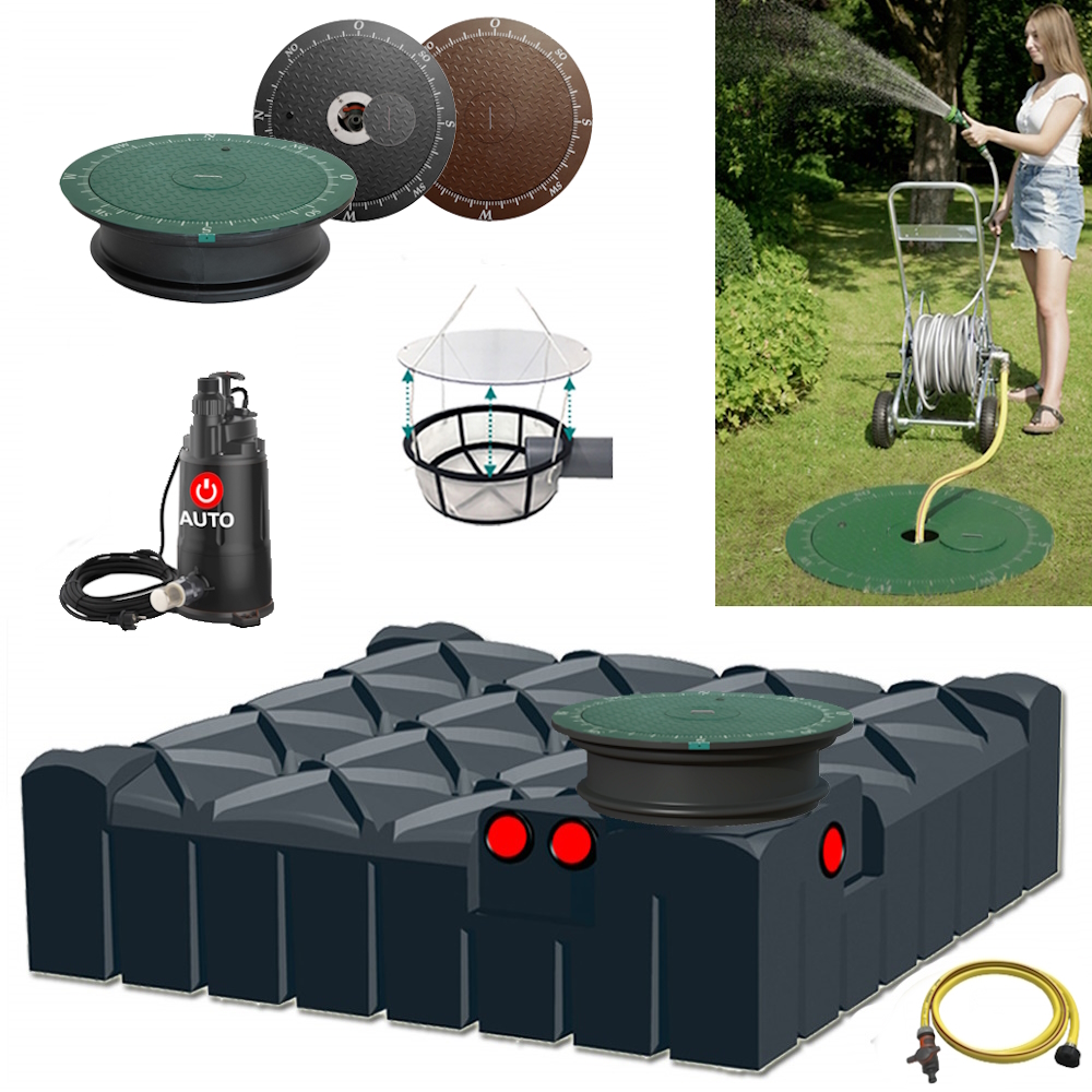 Lieferumfang mit RWT Flachtank 3000 Liter, Tauchpumpe, Schlauch, Filterkorb und Wasseranschluss im Deckel.