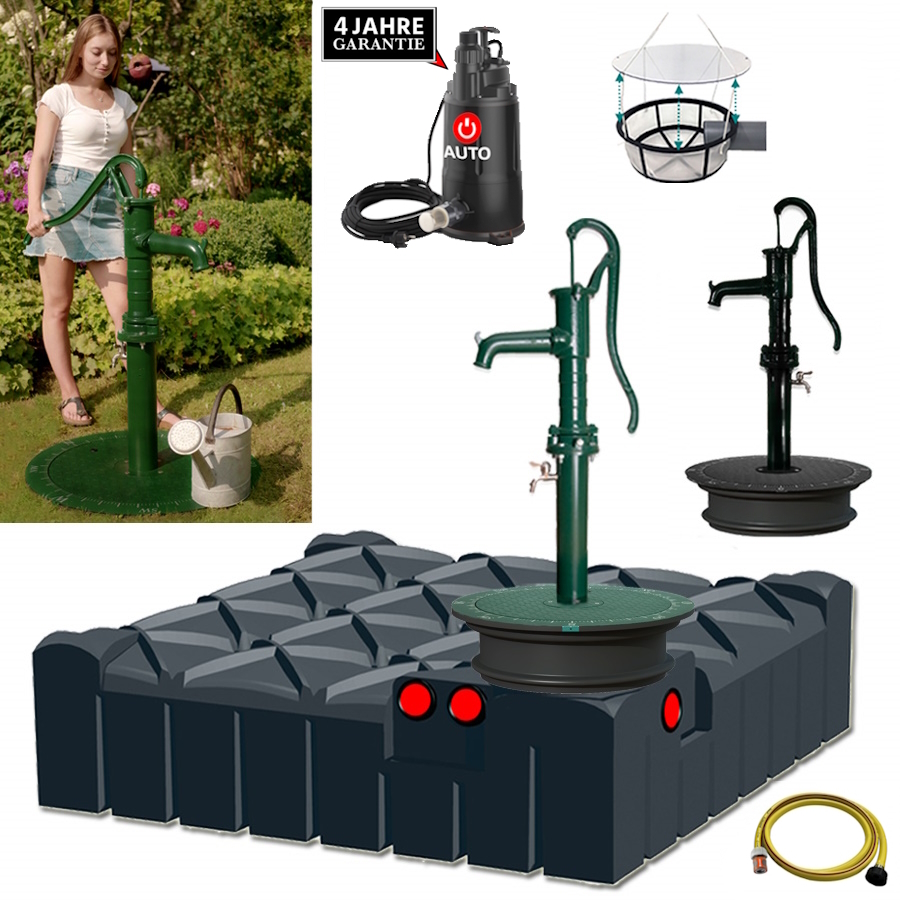 Ein Flachtank aus Kunststoff mit Deckel, Schacht, Filter, Schlauch, Pumpe und Handschwengelpumpe