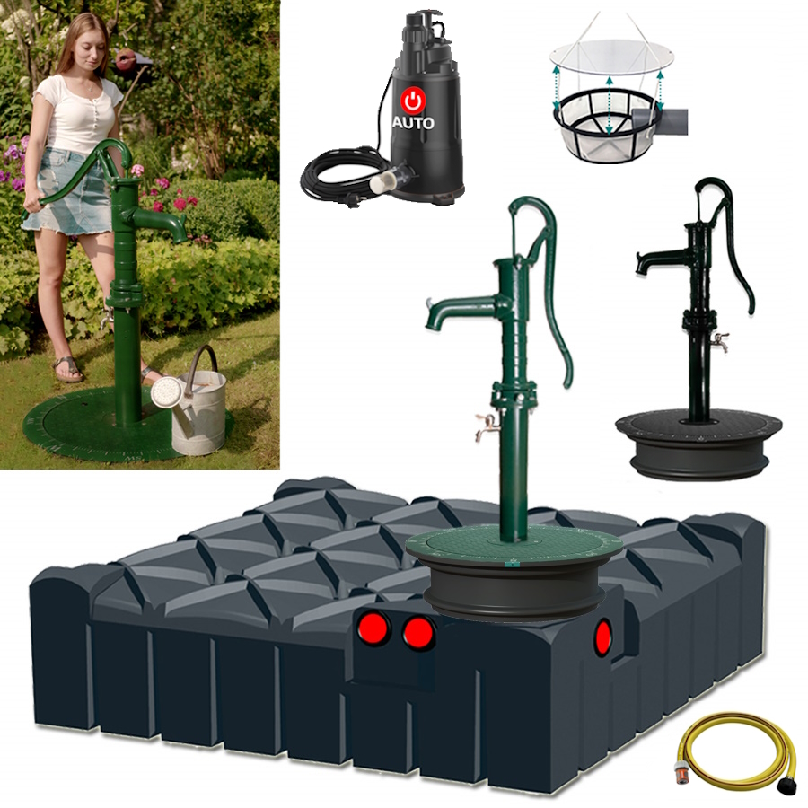 Lieferumfang mit 3000 Liter  Flachtank, Schwengelpumpe, Filterkorb, Tauchpumpe und Schlauch sowie einem Anwendungsbild der Anlage.