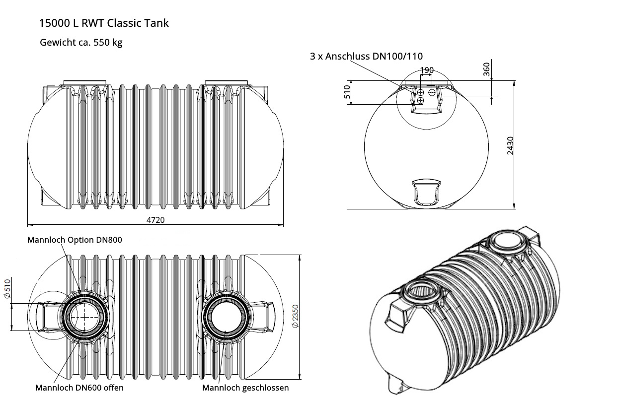 Abmessungen RWT Classic Tank 15000 Liter ohne Schachtaufsatz