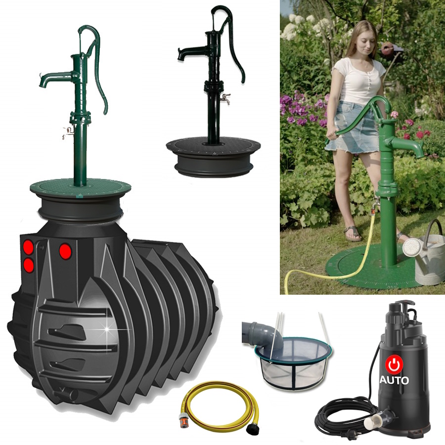 Lieferumfang mit Rundtank 3000 Liter, Schwengelpumpe in grün oder schwarz, Filterkorb, Tauchpumpe und Schlauch sowie ein Anwendungsbild der Anlage