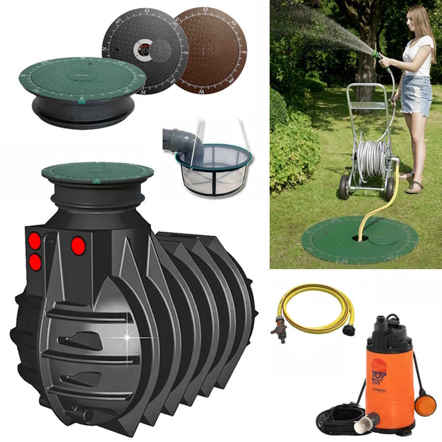 Lieferumfang mit zylindrischem Tank 3000 Liter, Tauchpumpe mit Schwimmerschalter, Schlauch, Filterkorb und Wasseranschluss im Deckel.