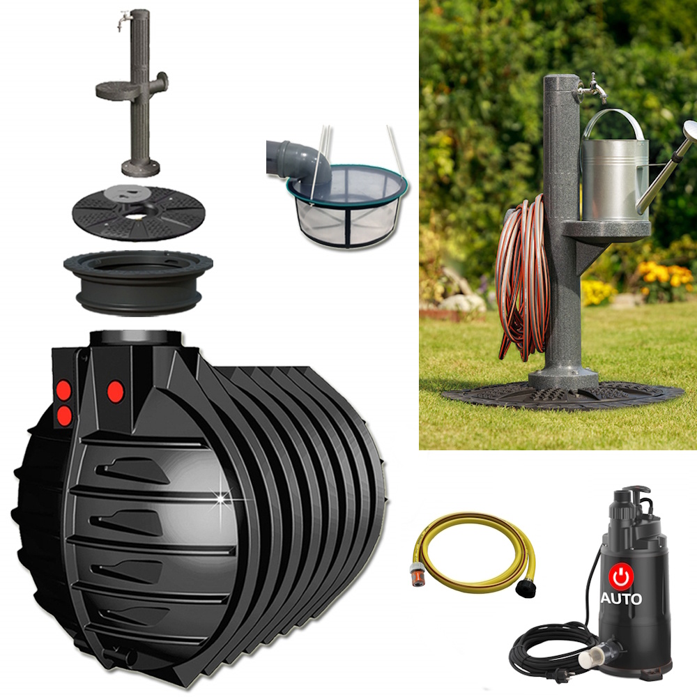 Lieferumfang mit zylindrischem Tank 7500 Liter, Tauchpumpe, Schlauch, Filterkorb und auf dem Tankdeckel montierte Kunststoff-Zapfsäule.