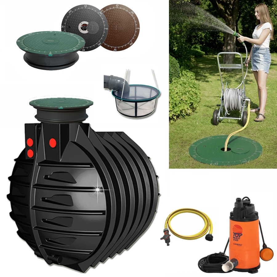 Lieferumfang mit zylindrischem Tank 6000 Liter, Tauchpumpe mit Schwimmerschalter, Schlauch, Filterkorb und Wasseranschluss im Deckel.