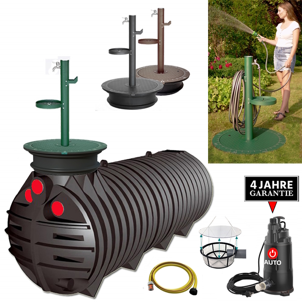 Ein flacher, schwarzer, schmaler Kunststofftank mit Pumpe, Deckel, Filter, Schlauch, Schacht und Zapfsäule aus Stahl