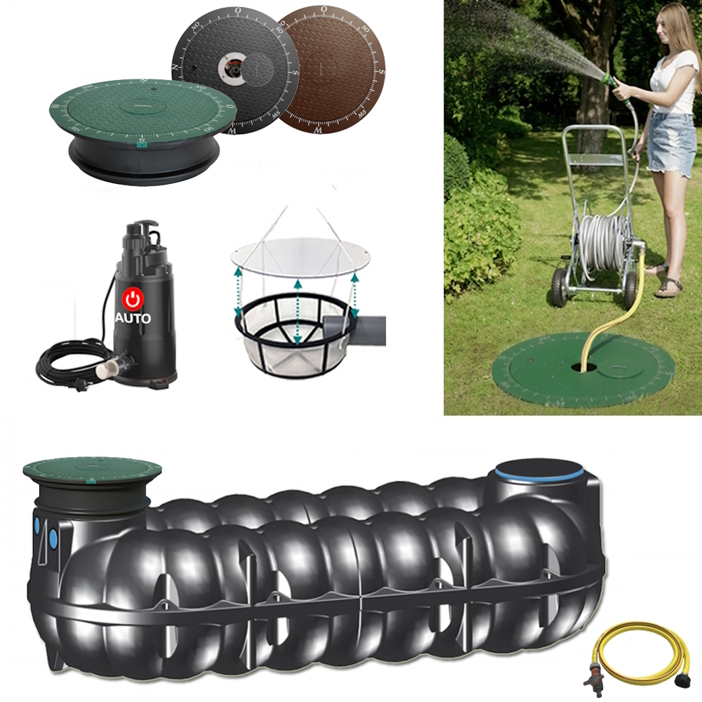 Lieferumfang mit NEO Flachtank 10000 Liter, Tauchpumpe, Schlauch, Filterkorb und Wasseranschluss im Deckel.