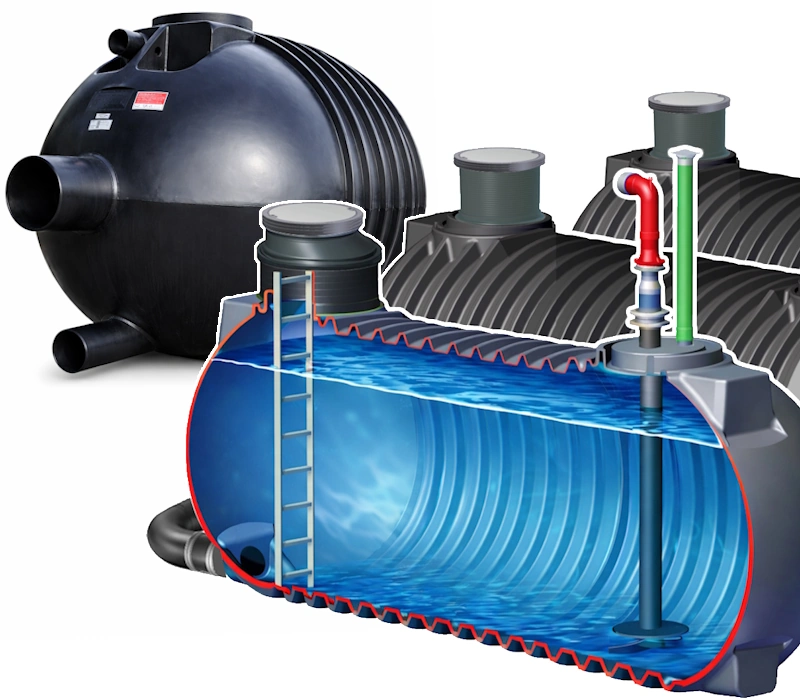 Löschwassertanks, große Zisternen, Rigolen und individuelle Speziallösungen mit großen Anschlussdurchmessern