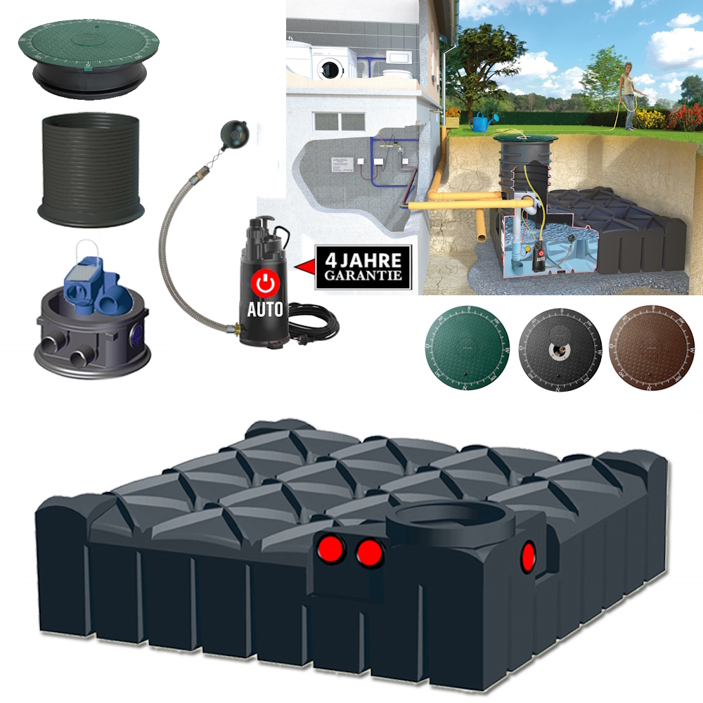 Ein Flachtank mit Pumpe, Schacht, Deckel, Filterschacht, Filter, Schlauch und ZwischenringP