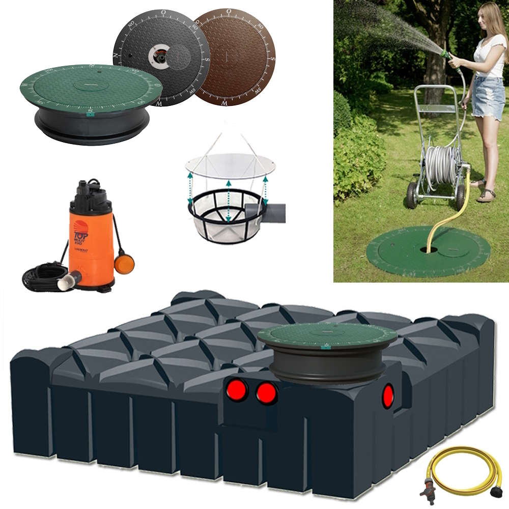 Lieferumfang mit RWT Flachtank 3000 Liter, Tauchpumpe mit Schwimmerschalter, Schlauch, Filterkorb und Wasseranschluss im Deckel.