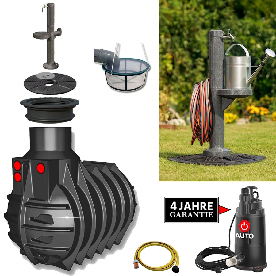 Ein Kunsstofftank in schwarz mit Kunststoffzapfsäule, Filter, Deckel, Schacht, Schlauch und Pumpe