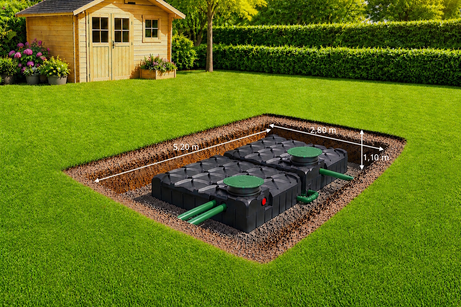 Abmessungen der Baugrube für den Flachtank 6000 Liter von RWT