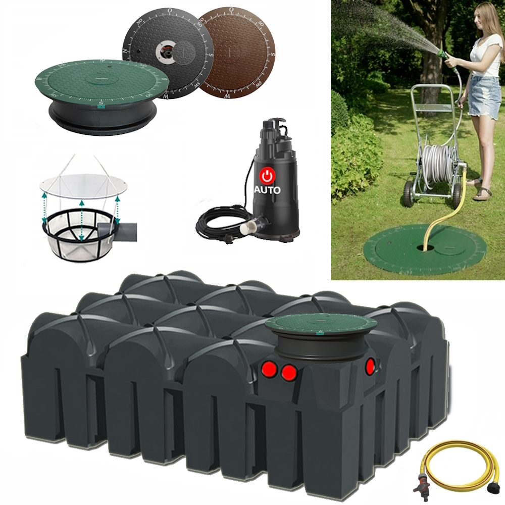 Lieferumfang mit RWT Flachtank 7500 Liter, Tauchpumpe, Schlauch, Filterkorb und Wasseranschluss im Deckel.