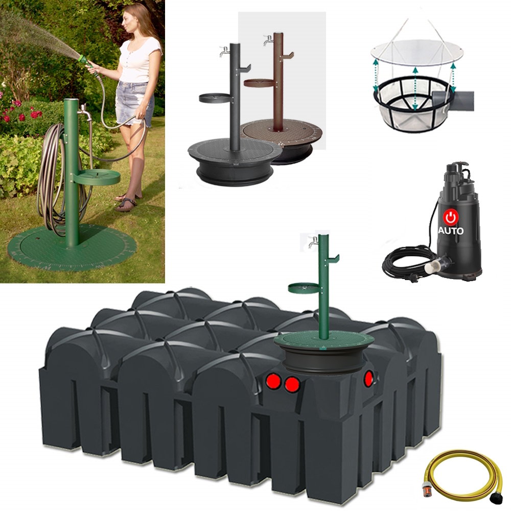 Lieferumfang mit Flachtank 7500 Liter, Zapfsäule in grün, anthrazit oder braun, Tauchpumpe, Schlauch und Filterkorb.