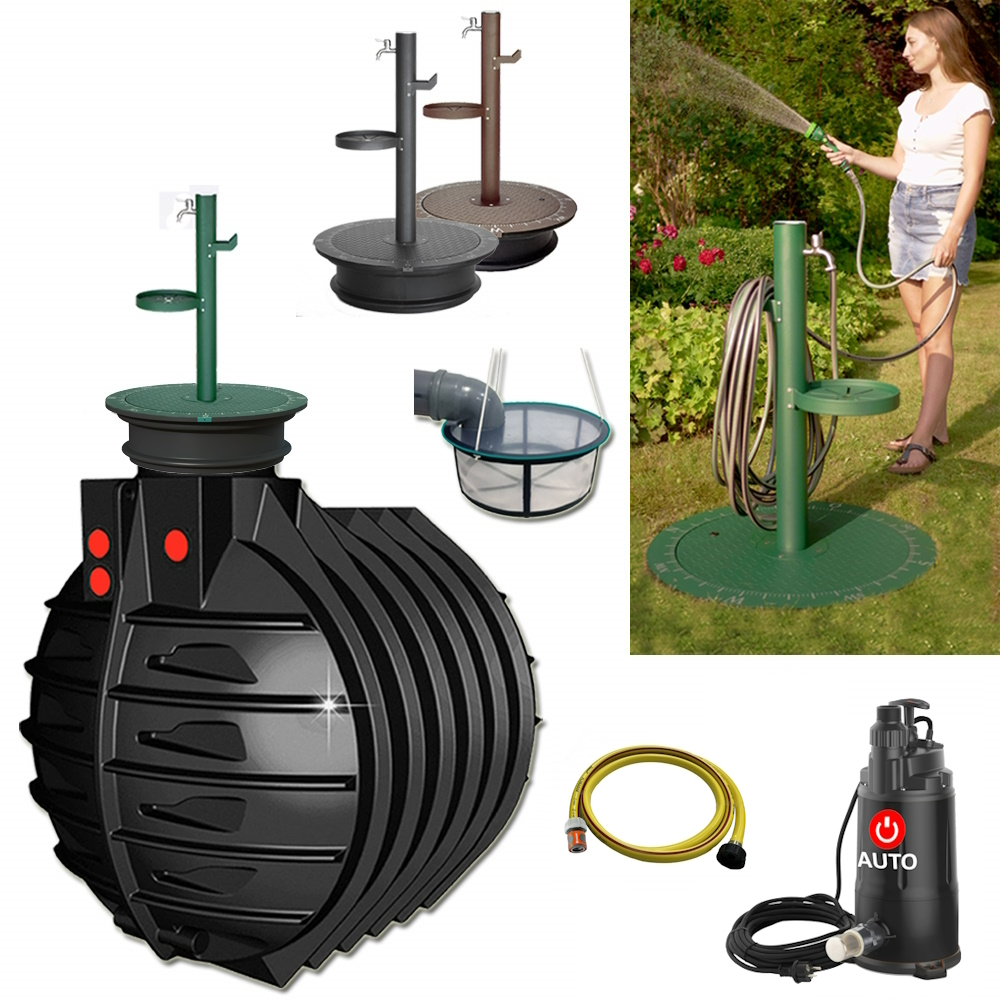 Lieferumfang mit Rundtank 6000 Liter, Zapfsäule in grün, anthrazit oder braun, Tauchpumpe, Schlauch und Filterkorb.