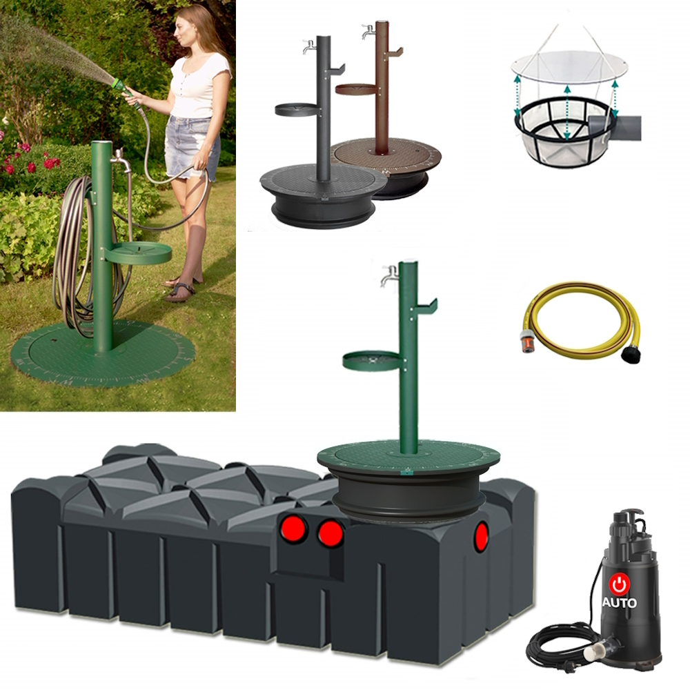 Lieferumfang mit Flachtank 1500 Liter, Zapfsäule in grün, anthrazit oder braun, Tauchpumpe, Schlauch und Filterkorb.