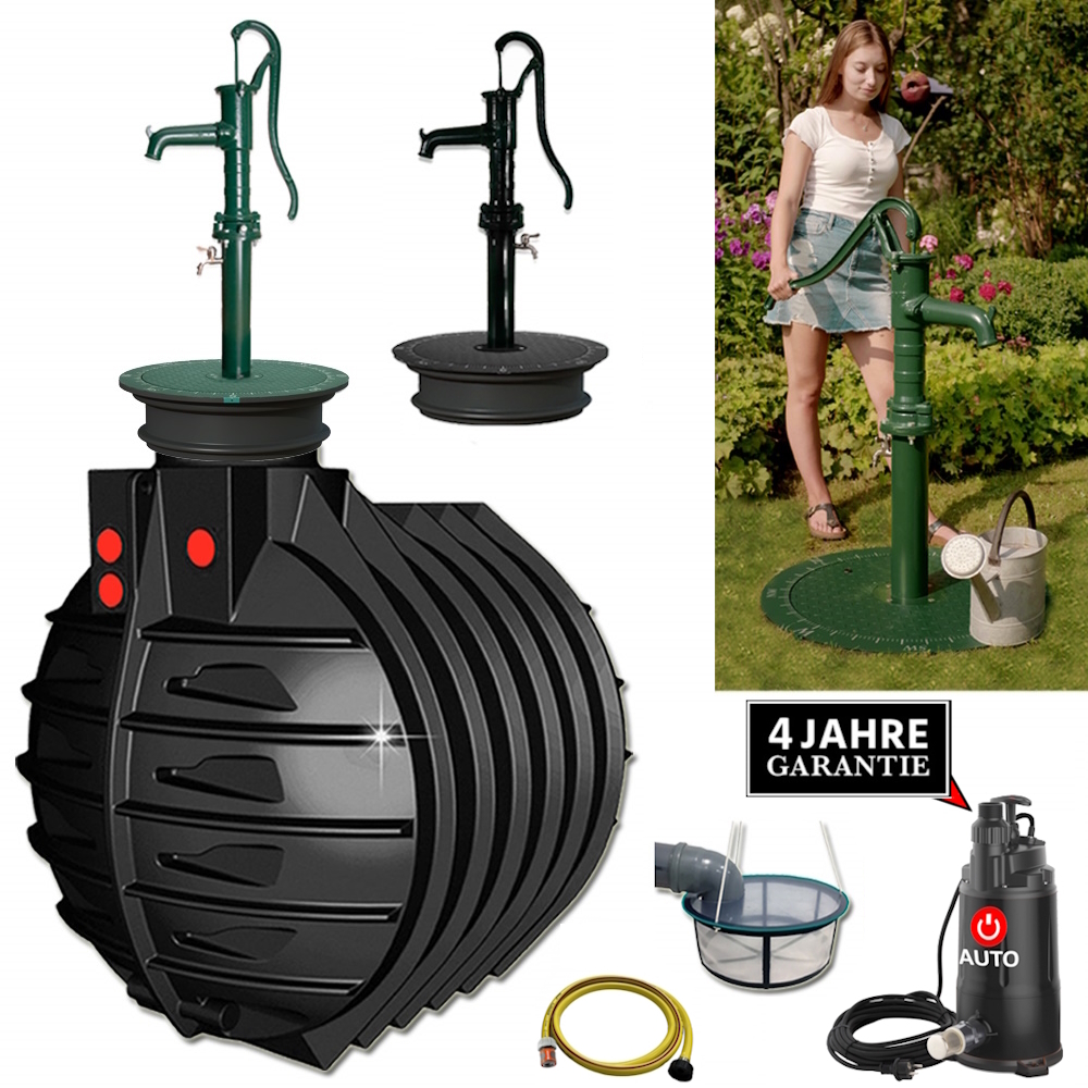 Ein schwarzer runder Tank mit Deckel, Filterkorb, Schlauch, Pumpe und Handschwengelpumpe