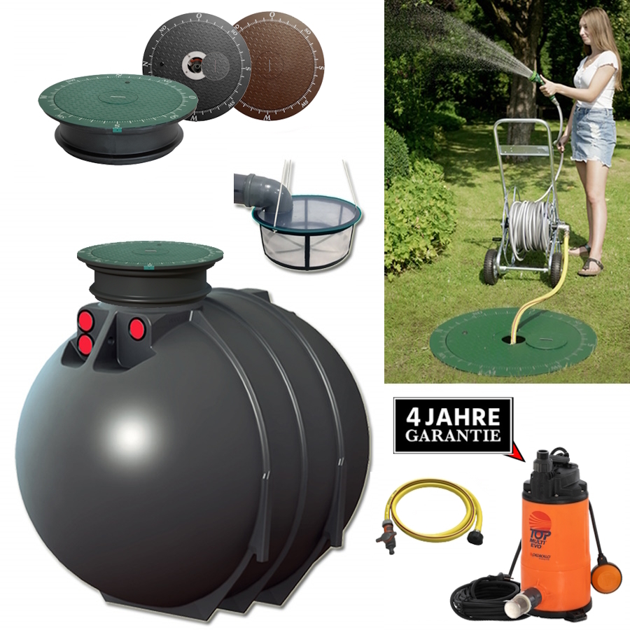 Ein runder schwarzer Kunststofftank mit Deckel, Schacht, Filter, Schlauch und manueller Pumpe