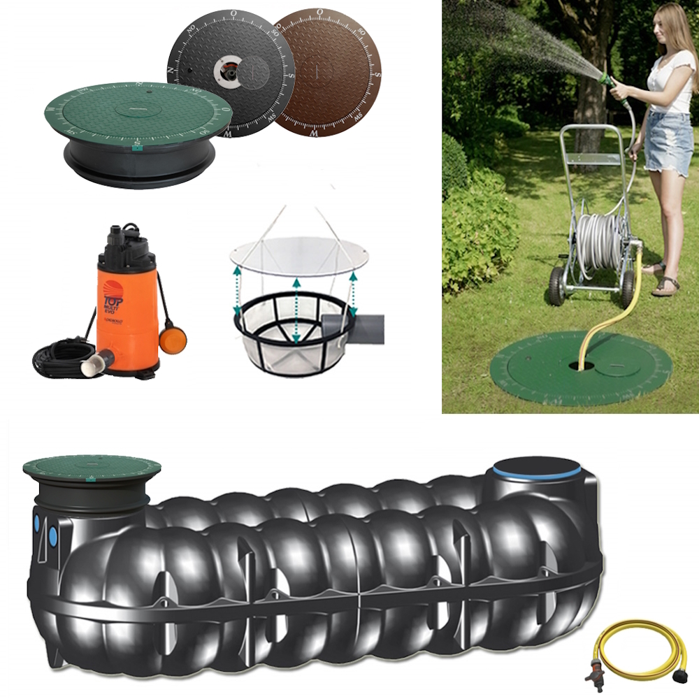 Lieferumfang mit NEO Flachtank 10000 Liter, Tauchpumpe mit Schwimmerschalter, Schlauch, Filterkorb und Wasseranschluss im Deckel.